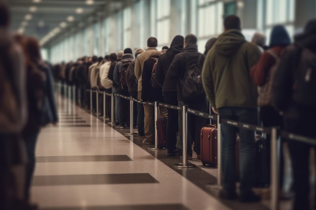 Long Queue Of Travellers At The Airport