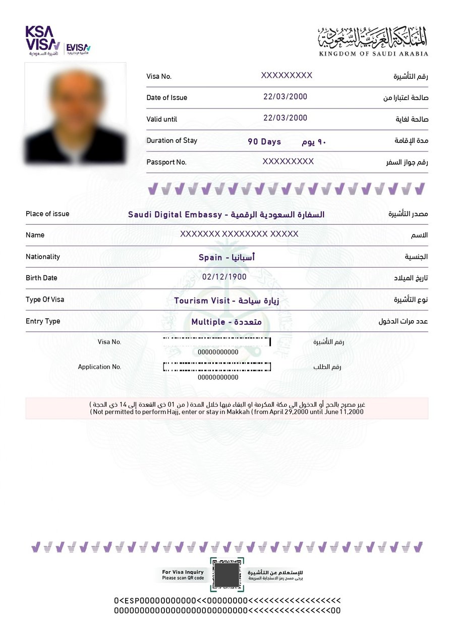 Saudi Arabia eVisa sample document